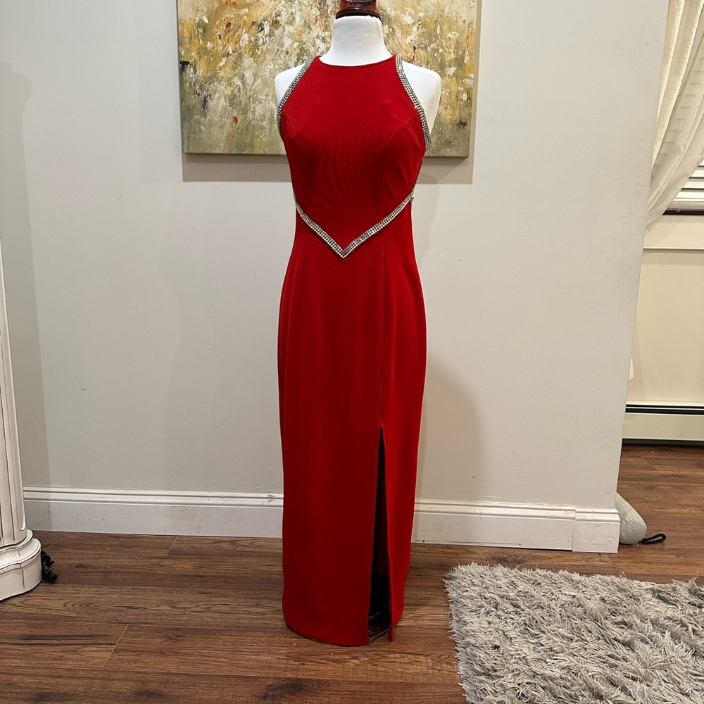 Lew Magram, Long Red Gown, Size 6. Fabric has stretch. Rayon/nylon/spandex